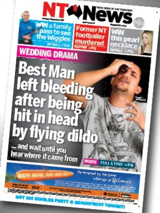 ‘Best man left bleeding after being hit in head by flying dildo’, a front-page story by the NT News.