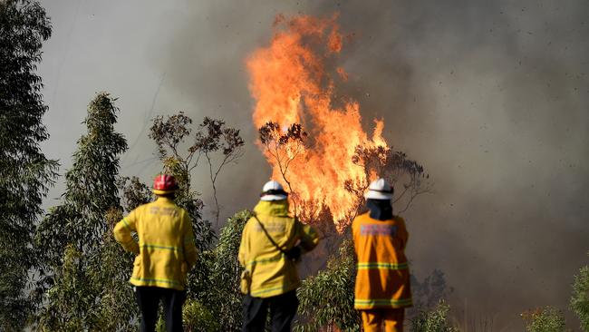 NSW Rural Fire Service crews watch on as fire burns close to a property on Wheelbarrow Ridge at Colo Heights. (AAP Image/Dan Himbrechts)