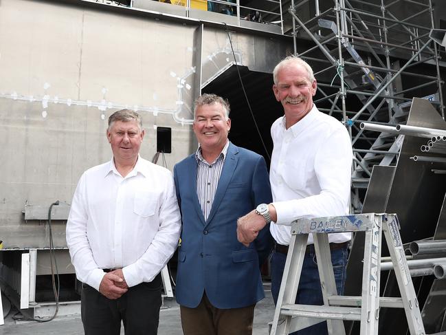 Sealink Travel Group general manager Paul Victory, centre, with Rod Devine, left, and Toby Richardson at the announcement that Richardson Devine Marine will build the new ferries for the Bruny Island service. Picture: LUKE BOWDEN