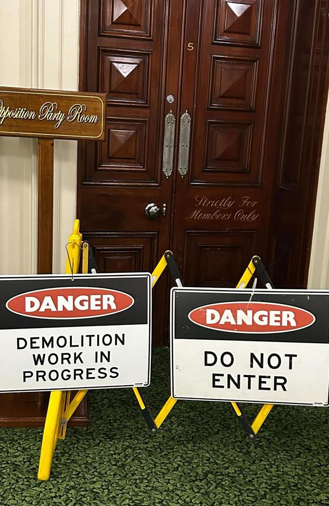 The signs outside the opposition party room in Parliament House. Picture: Supplied