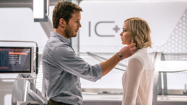 Jennifer Lawrence and Chris Pratt in a scene from film Passengers