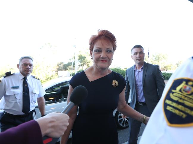 Senator Pauline Hanson and James Ashby arriving at Parliament House in Canberra. Picture: Kym Smith