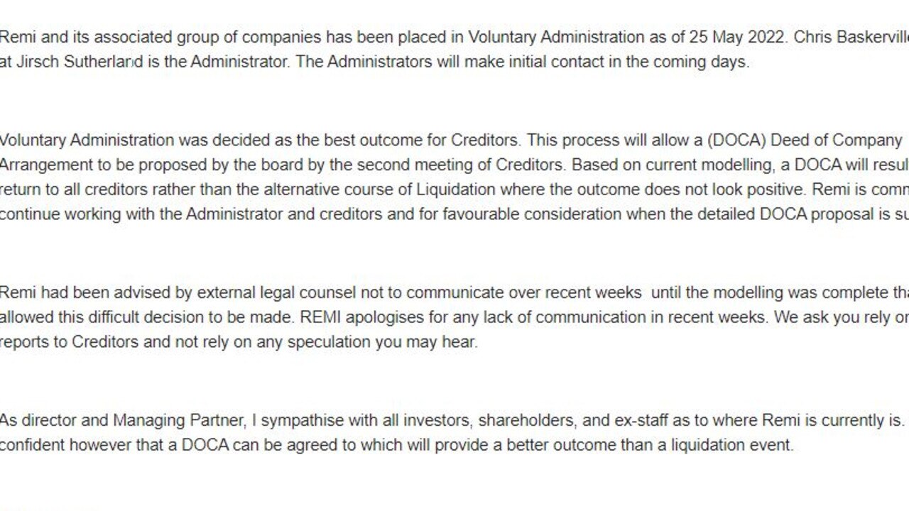 Email sent to investors, shareholders and ex-staff. Picture: Supplied