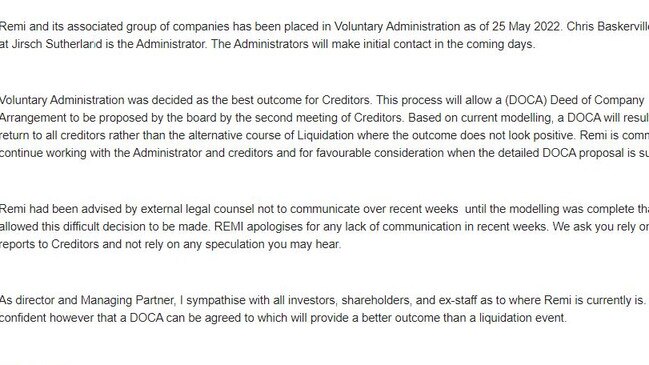 Email sent to investors, shareholders and ex-staff. Picture: Supplied