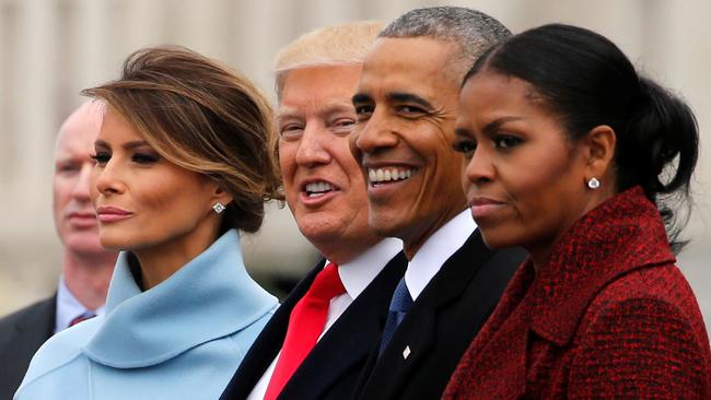 Donald Trump and first lady Melania Trump see off the Obamas as they depart following Trump's inauguration at the Capitol in Washington in 2017. Picture: Reuters
