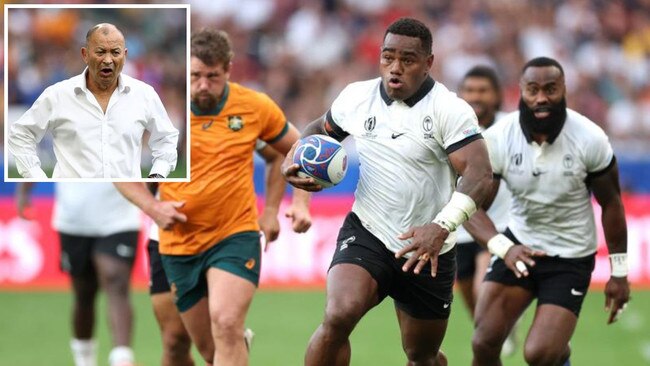 Fiji’s Josua Tuisova scores a try in their historic win and (inset) Wallabies coach Eddie Jones. Photos: Getty Images