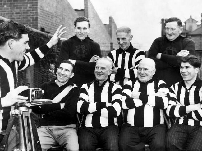 1951. Lou Richards, Collingwood captain takes a photo of (left back) Stan Vandersluys, Albert Pannam, Horrie Jenkins (front) Alby Pannam, Charlie Pannam, Charles Pannam and Ron Richards.