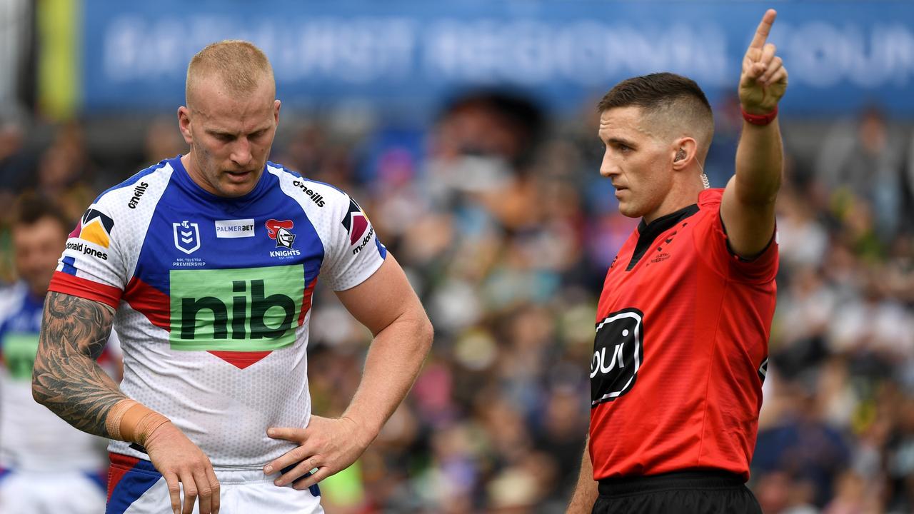 NRL: Newcastle Knights Vs Penrith , panthers. Newcastle Knight Mitch Barnett was sent off after collecting Penrith Panthers backrower Chris Smith with an elbow, in Bathurst. NRL Imagery