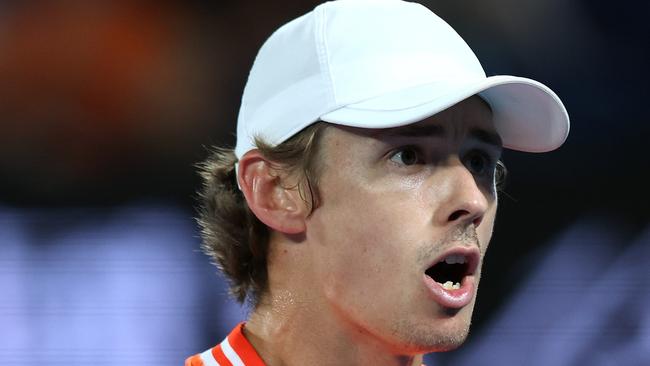 Alex de Minaur had to overcome inconsistency on his first serve to fend off Italian world No. 41 Matteo Arnaldi in the second round. Picture: Daniel Pockett / Getty Images