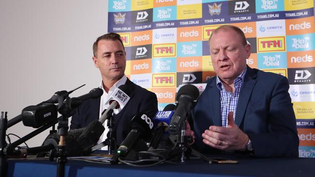 Titans CEO Steve Mitchell and Chairman Dennis Wattat couldn’t jump the gun. Photo: Glenn Hampson