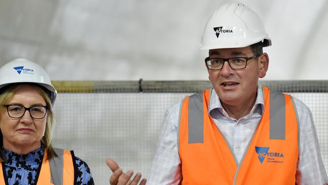 Premier Daniel Andrews and Deputy Premier Jacinta Allan at the Town Hall Station site, Metro Tunnel, on Thursday. Picture: NCA NewsWire / Nicki Connolly