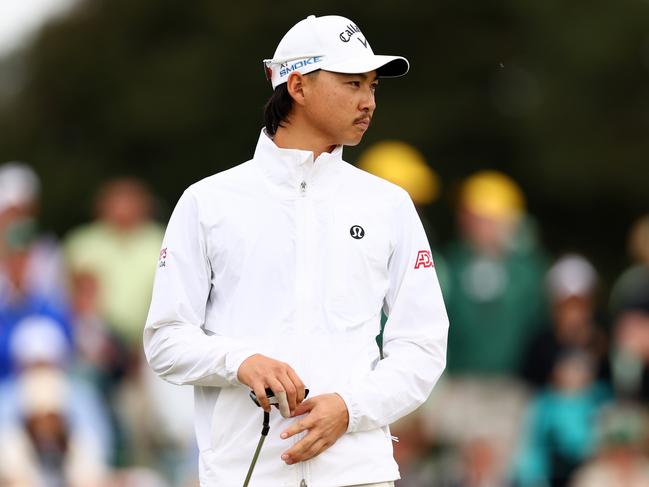 Min Woo Lee and his strapped up ring finger. Picture: Maddie Meyer/Getty Images