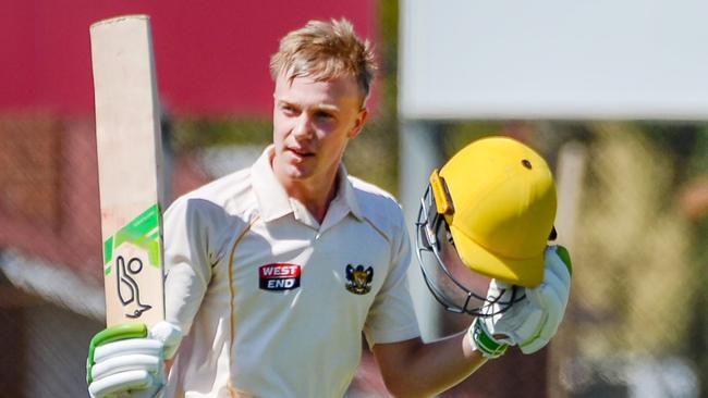 Young gun Isaac Higgins was back with Glenelg against Adelaide University, scoring an impressive century. Picture: Brenton Edwards