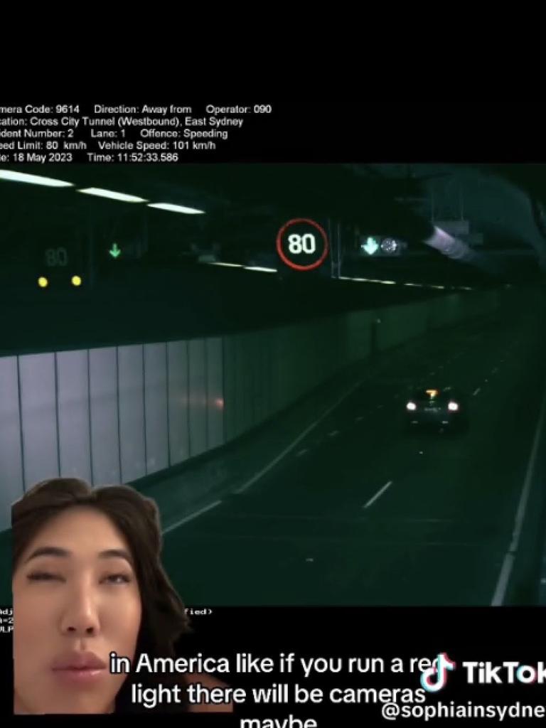 She was caught on camera speeding in Sydney’s Cross City Tunnel. Picture: TikTok/@sophiainsydney