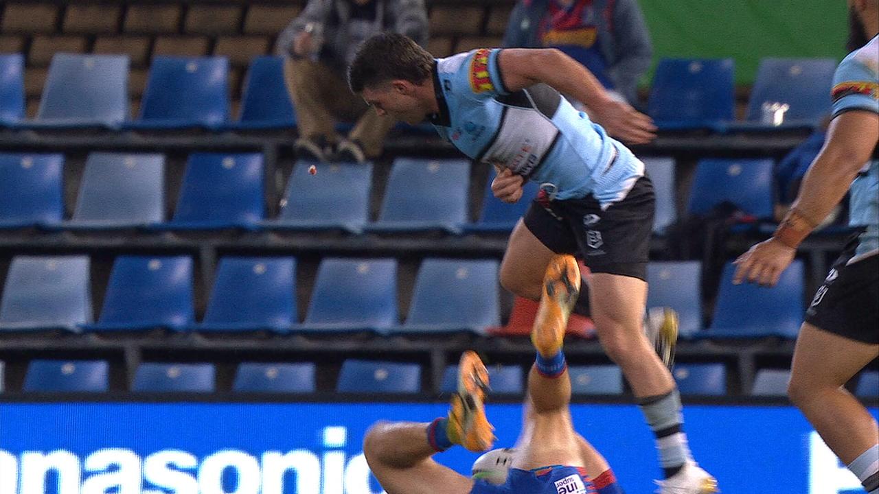 Chad Townsend left Kalyn Ponga sprawled on the turf after a brutal shoulder charge.