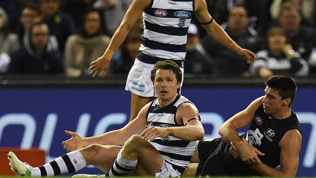 Patrick Dangerfield copped a one-match ban for a tackle on Matthew Kreuzer in 2017. Picture: AAP Image/Julian Smith