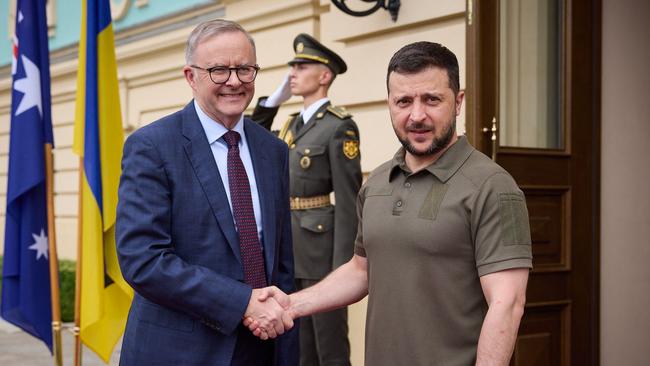 Australia‘s Prime Minister Anthony Albanese shakes hands with Ukrainian President Volodymyr Zelenskyy their meeting in Kyiv. Picture: AFP