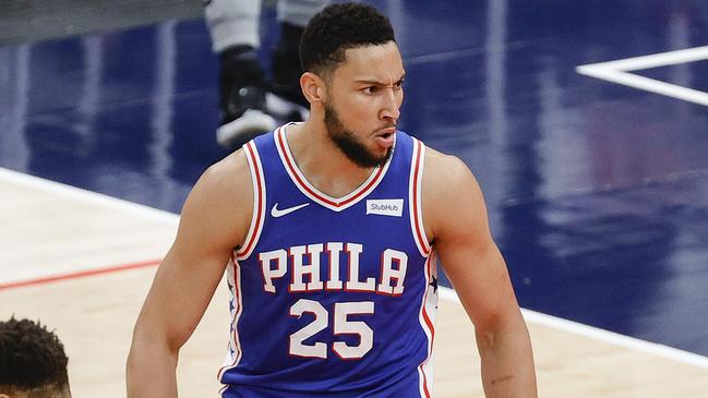 WASHINGTON, DC - MAY 31: Ben Simmons #25 of the Philadelphia 76ers celebrates during the first quarter against the Washington Wizards during Game Four of the Eastern Conference first round series at Capital One Arena on May 31, 2021 in Washington, DC. NOTE TO USER: User expressly acknowledges and agrees that, by downloading and or using this photograph, User is consenting to the terms and conditions of the Getty Images License Agreement.   Tim Nwachukwu/Getty Images/AFP == FOR NEWSPAPERS, INTERNET, TELCOS & TELEVISION USE ONLY ==