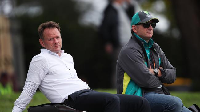 Cricket Australia high performance manager Pat Howard with selector Mark Waugh during the Sheffield Shield match between NSW and WA at Hurstville oval. Picture. Phil Hillyard