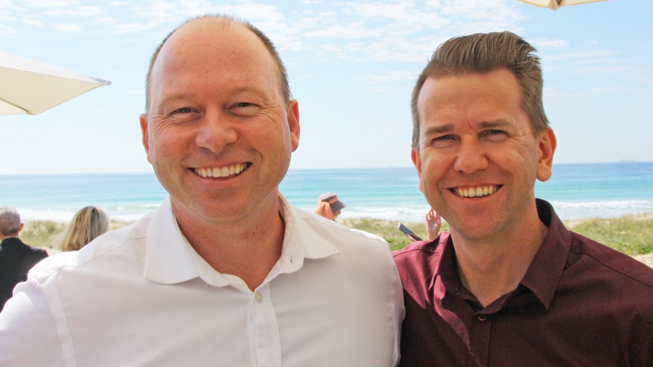 Stockland regional manager Adrian Allen and Member for Kawana Jarrod Bleijie at the opening of the new beach access and coastal walkway at Bokarina Beach.