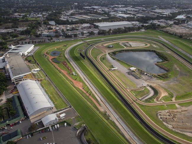 SYDNEY, AUSTRALIA - NOVEMBER 13: Aerial view of Rosehill Racecourse on November 13, 2017 in Sydney, Australia. (Photo by Steve Christo/Corbis via Getty Images)