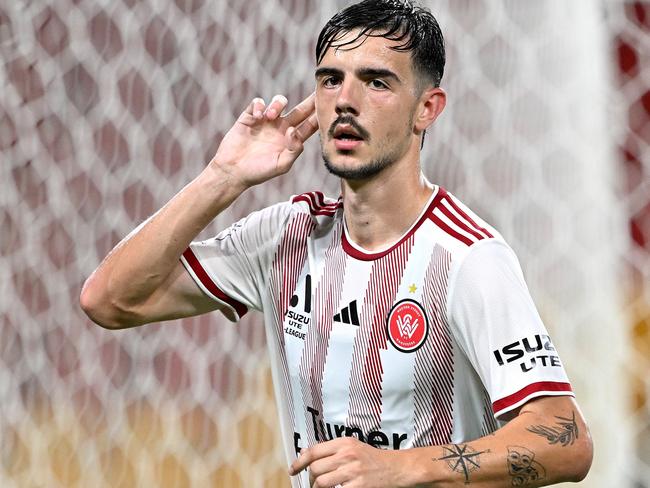 BRISBANE, AUSTRALIA - JANUARY 31: Nicolas Milanovic of the Wanderers celebrates after scoring a goal but the goal is disallowed during the round 17 A-League Men match between Brisbane Roar and Western Sydney Wanderers at Suncorp Stadium, on January 31, 2025, in Brisbane, Australia. (Photo by Bradley Kanaris/Getty Images)