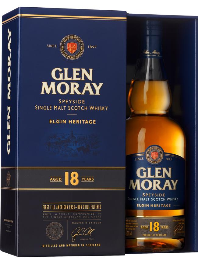 Glen Moray 18-year-old single malt scotch whisky 700ml.