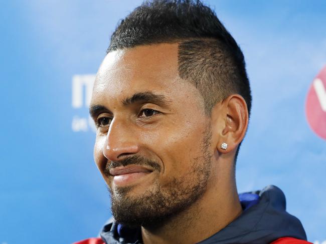 Nick Kyrgios speaks to media at the Brisbane International Tennis Tournament in Brisbane, Monday, January 1, 2018. (AAP Image/Glenn Hunt) NO ARCHIVING, EDITORIAL USE ONLY