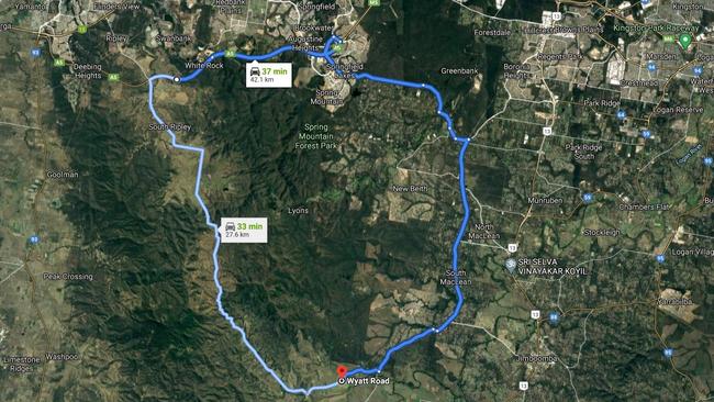 A map showing the 70km round trip from Wyatt Rd to Flagstone State Community College.