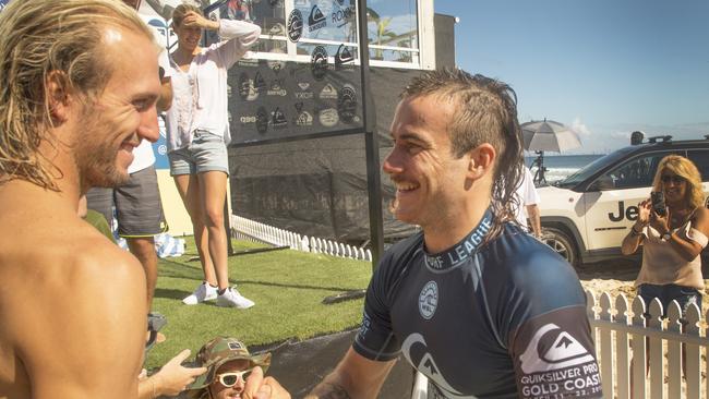 Owen Wright with brother Mikey at the Quiksilver Pro on the Gold Coast earlier this year. Photo: World Surf League