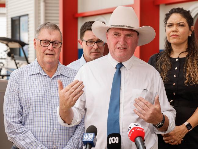 Former Deputy Prime Minister Barnaby Joyce in Darwin during the Federal election campaign answers questions about Middle Arm. He’s flanked by Damian Ryan, David Littleproud and Jacinta Price.