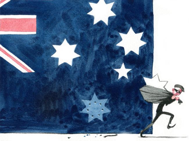 Sturt Krygsman Oped page cartoon for 04-04-2018, showing a thief stealing the bottom star from an Australian flag.Version: Ozoped Artwork  (1024x768  - Stretched to Fit)COPYRIGHT: The Australian's artists each have different copyright agreements in place regarding re-use of their work in other publications.Please seek advice from the artists themselves or the Managing Editor of The Australian regarding re-use.