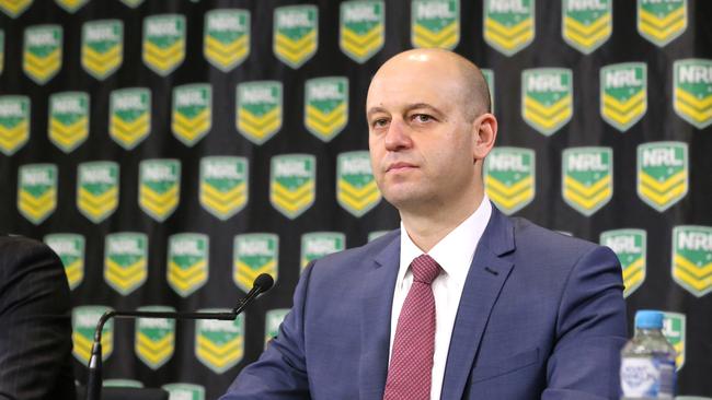 Eels salary cap scandal presser at NRL HQ. NRL CEO Todd Greenberg. Photo: Bob Barker.