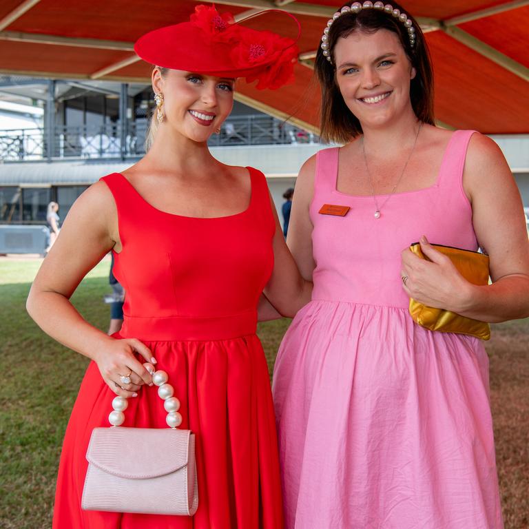 Carnival Ambassador Bronte Pearson and Molly Upstill at the 2024 Darwin Guineas kicking off the Darwin Cup Carnival. Picture: Pema Tamang Pakhrin