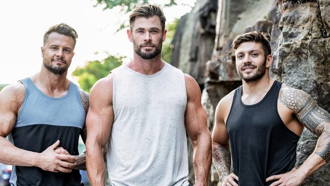 Stuntman Bobby Holland Hanton, Chris Hemsworth and personal trainer Luke Zocchi. Picture: Centr/supplied