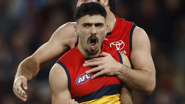 MELBOURNE, AUSTRALIA - JULY 09: Izak Rankine of the Crows celebrates kicking a goal during the round 17 AFL match between Essendon Bombers and Adelaide Crows at Marvel Stadium, on July 09, 2023, in Melbourne, Australia. (Photo by Daniel Pockett/Getty Images)