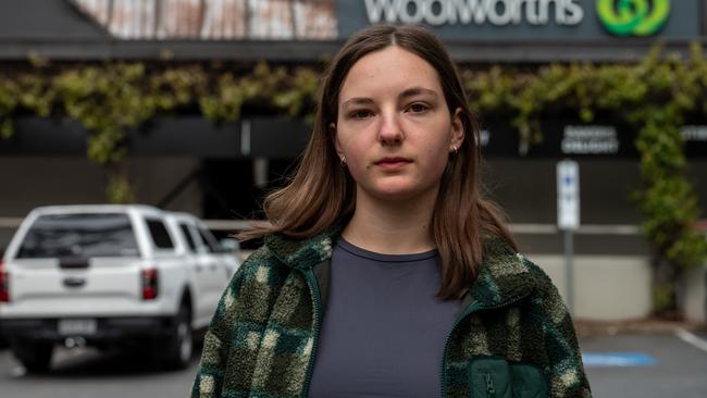 Woolworths Stirling employee Leela Cotton-Kenny at the scene of the Stirling Village Shopping Centre fire. Photo: Naomi Jellicoe