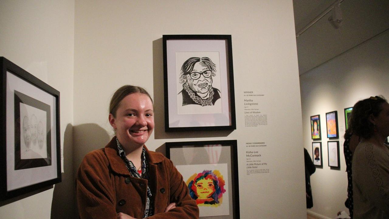 16-year-old Martha Livingstone won the 16-18-year-old category of the Young Archie portrait competition in Alice Springs with her portrait 'lines of wisdom' (top), a lino print portrait of her 'adopted grandma' Maya. Picture: Gera Kazakov