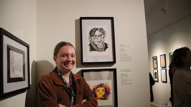 16-year-old Martha Livingstone won the 16-18-year-old category of the Young Archie portrait competition in Alice Springs with her portrait 'lines of wisdom' (top), a lino print portrait of her 'adopted grandma' Maya. Picture: Gera Kazakov