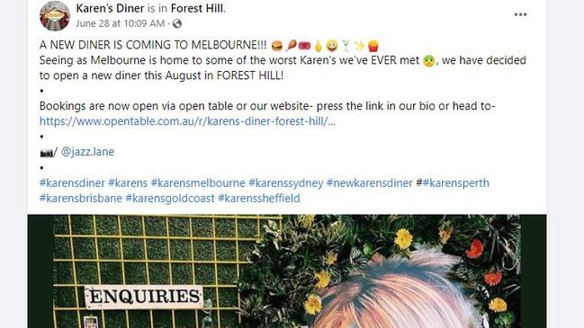 A Facebook post announcing Karen's Diner will open at Forest Hill Chase in August 2022.