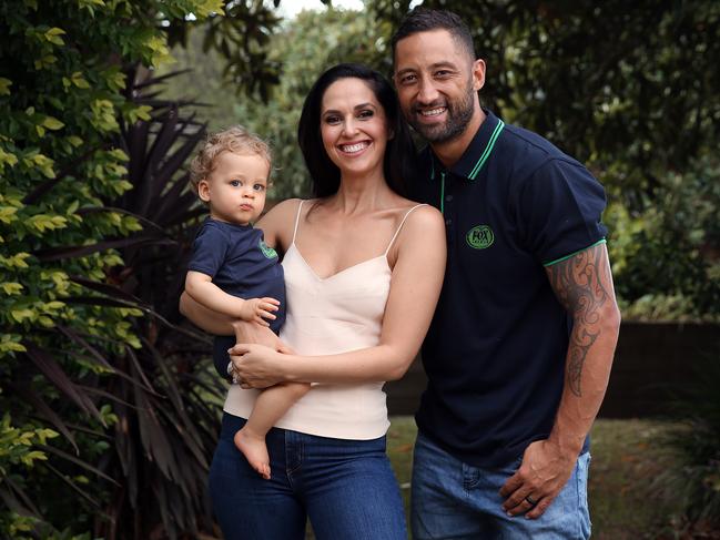 West Tigers veteran Benji Marshall, pictured with his wife Zoe and son Fox, says rugby league players should not go to the pub. Picture: Sam Ruttyn