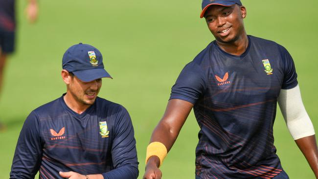 Quinton De Kock and teammate Lungi Ngidi during practice at the Sheikh Zayed Cricket Stadium in Abu Dhabi. Picture: Indranil Mukherjee/AFP