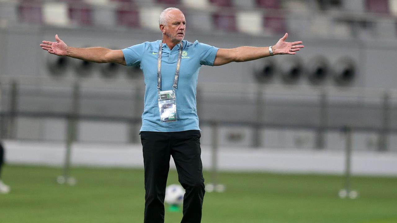 Australia coach Graham Arnold reacts during the Socceroos’ record-setting 3-1 win over Oman last week. Picture: Mohamed Farag / Getty Images
