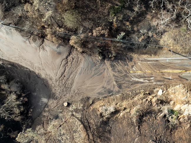 Mud and debris covers the road on Topanga Canyon Boulevard after heavy rainfall. Picture: Los Angeles Times via Getty Images