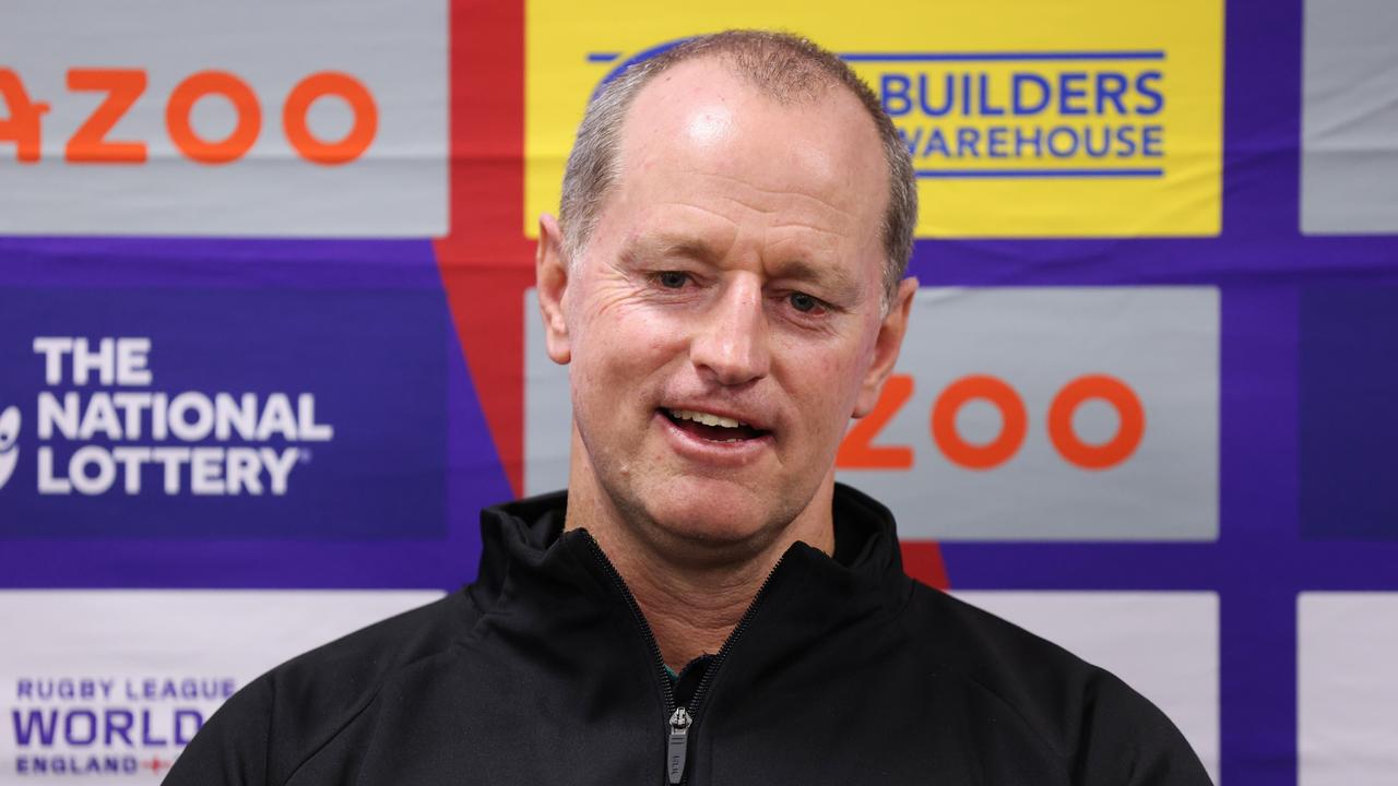 HULL, ENGLAND - OCTOBER 22: Michael Maguire, Head Coach of New Zealand speaks to the media in the post match press conference after their sides victory during the Rugby League World Cup 2021 Pool C match between New Zealand and Jamaica at MKM Stadium on October 22, 2022 in Hull, England. (Photo by George Wood/Getty Images for RLWC)