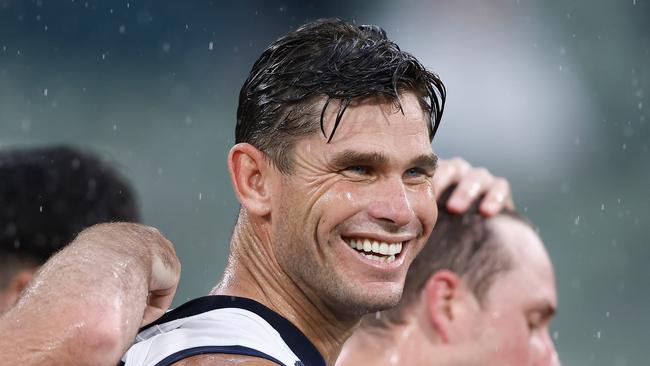 MELBOURNE, AUSTRALIA - APRIL 01: Tom Hawkins of the Cats looks on during the 2024 AFL Round 03 match between the Hawthorn Hawks and the Geelong Cats at the Melbourne Cricket Ground on April 01, 2024 in Melbourne, Australia. (Photo by Michael Willson/AFL Photos via Getty Images)