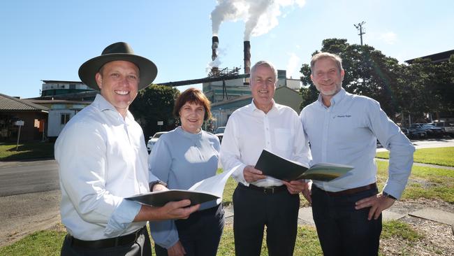 Deputy Premier Steven Miles, Mackay MP Julieanne Gilbert, Mackay Regional Council Mayor Greg Williamson, and Mackay Sugar CEO Jannik Olejas at Racecourse Mill on Wednesday, August 16, 2023, to talk about two industrial sites in Mackay being declared a State Development Area. Picture: Contributed