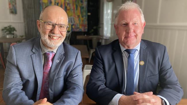 Incoming Dubbo College executive principal Charles Gauci and outgoing executive principal Andrew Jones. Picture: Ryan Young