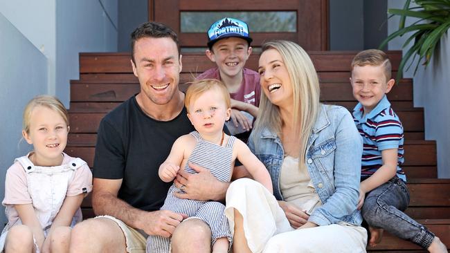 SUNDAY TELEGRAPH - Pictured at home in Glenbrook today is retiring Penrith player James Maloney with his wife Jess and their kids Kade 9, Layla 7, Ethan 5 and Jesse 1. Picture: Tim Hunter.