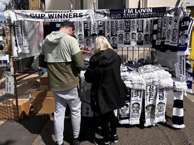 Ange Postecoglou merchandise for sale at Tottenham Hotspur’s final English Premier League match of the season. Photo: Sophie Elsworth